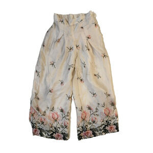 Floral Pants Womens 30 White Pink Rose Print Elastic Waist India Handmade Silk